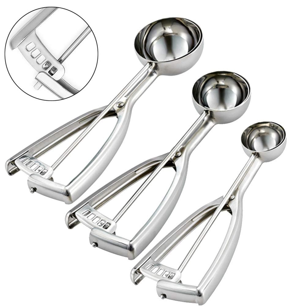 Cookie Scoop Set, Ice Cream Scoop Set, 3 PCS Metal Ice Cream Scoop Trigger Include Large-Medium-Small Size, Select 18/8 Stainless Steel, Secondary Polishing