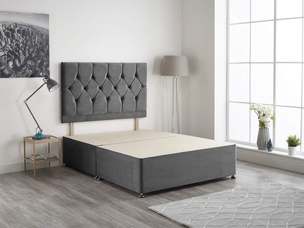 Bed Centre Charcoal Plush Velvet Fabric Divan Base Plus Matching Headboard and 2 Drawers 3ft 4ft 4ft6 5ft 6ft (3FT (SINGLE))