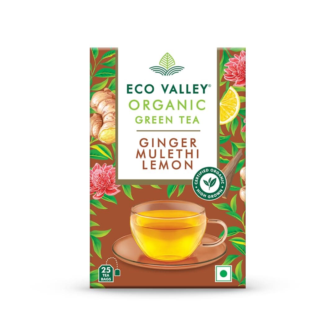 Organic Green Tea - Ginger Mulethi Lemon - 25 Tea Bags | Boost Energy, Helps Burn Body Fat, Low Calories | Grown In Nilgiris | Rich in Antioxidants | 50 grams, Pack of 1