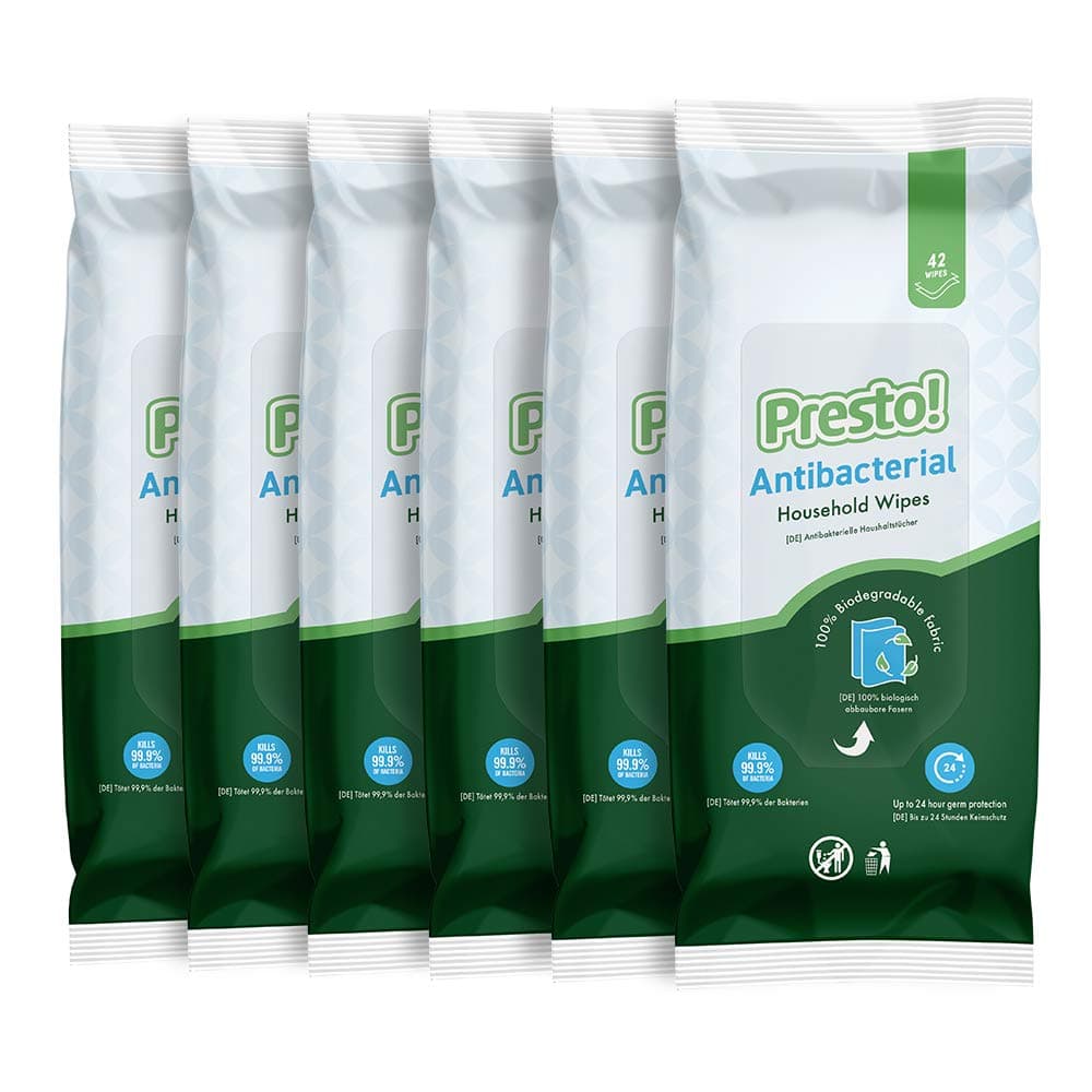 Amazon Brand - Presto! Biodegradable Antibacterial Household Multipurpose Wipes, Unscented, 252 Count (6 Packs of 42)