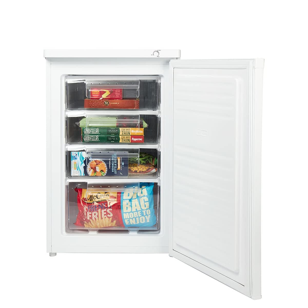 Haden White 55cm Under Counter Freezer - 85L Capacity, 4 Freezer Drawers, Mechanical Temperature Control, Manual Defrost, and Reversible Door - Compact and Under Counter