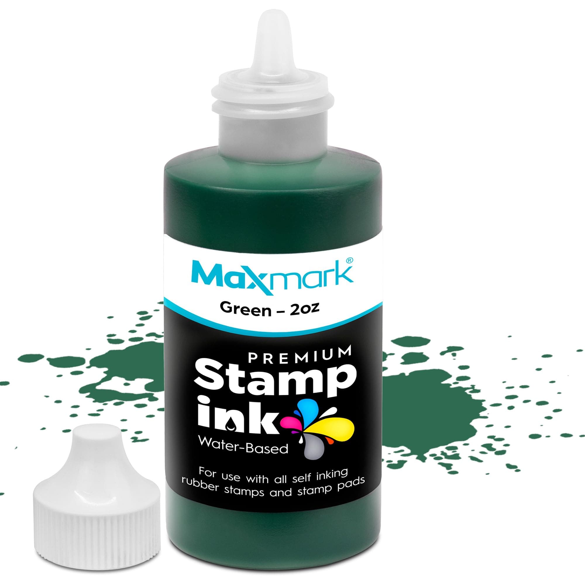 MaxMark Premium Refill Ink with Control Tip Bottle for Self-Inking Stamps, Green Color - 2 oz.