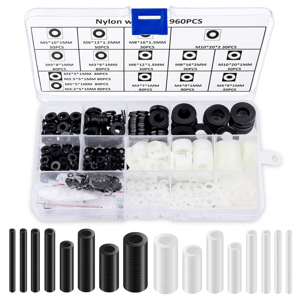 N / A 960PCS Nylon Washers Assortment Kit 16 Sizes Lock Washersr for Screws Metric Washers Plastic Flat Ring Washer Set with Plastic Box White/Black