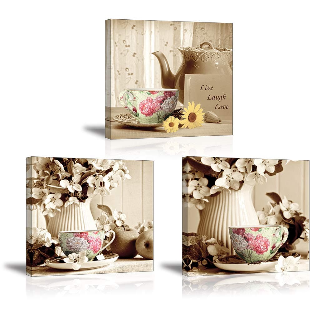 Kitchen Canvas Wall Art, SZ 3 Piece Retro Tea Cup Pictures with Live Laugh Love Quote, Leisure Tea time Prints Decor Artwork, Bracket Mounted Ready to Hang, 1" Deep, Waterproof
