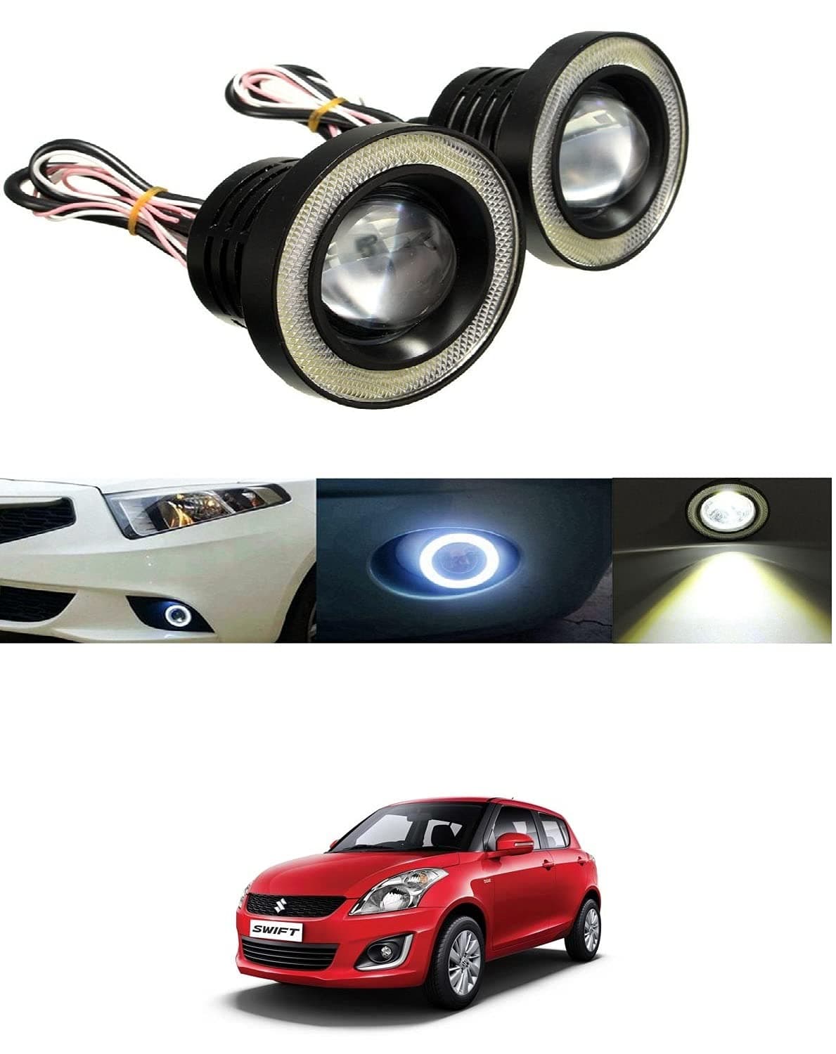 AUTOADDICT Car LED Fog Lights 3.5" Led Projector Lamps Cob with White Angel Lights Eye Ring Universal for All Cars/Bikes