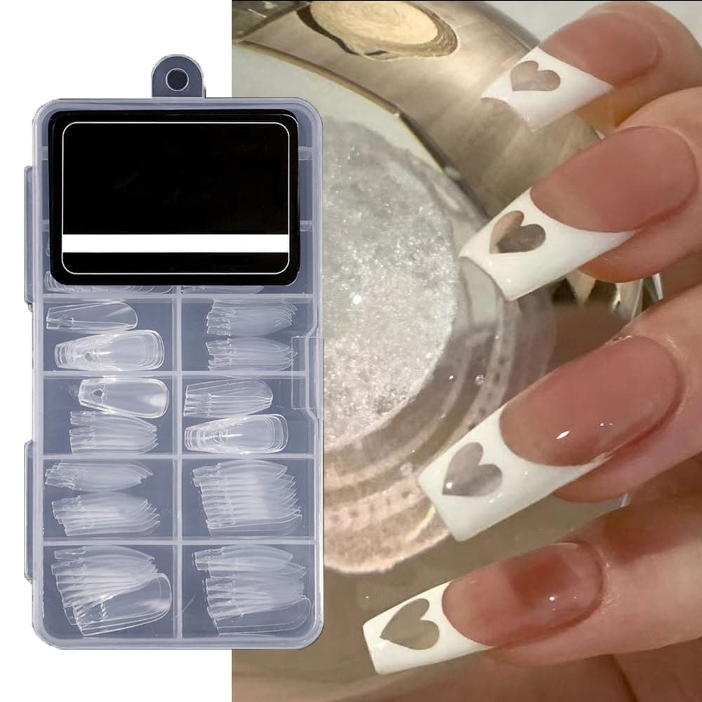 120 PCs Long Coffin Shape Nail Tips with Hollow Heart Design - Transparent Acrylic False Nails for DIY Nail Art, Manicure Extension | Durable & Easy to Apply | Professional Salon & Home Use