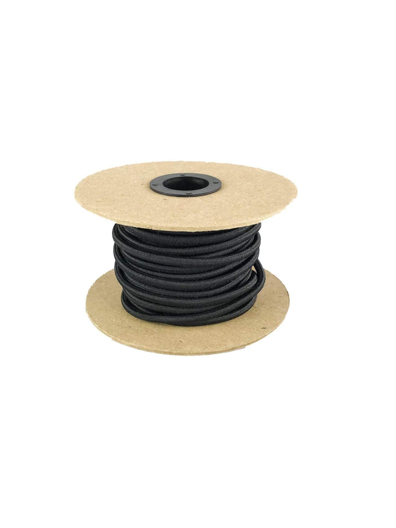 Elastic Bungee Cord. 3/16", 3/8", 1/4", 5/16", 1/8". 50 and 100 Foot Spools. Weather and Abrasion Resistant. Used for Tie Downs, Crafting, DIY Projects. Black Shock Cord. Made in The USA