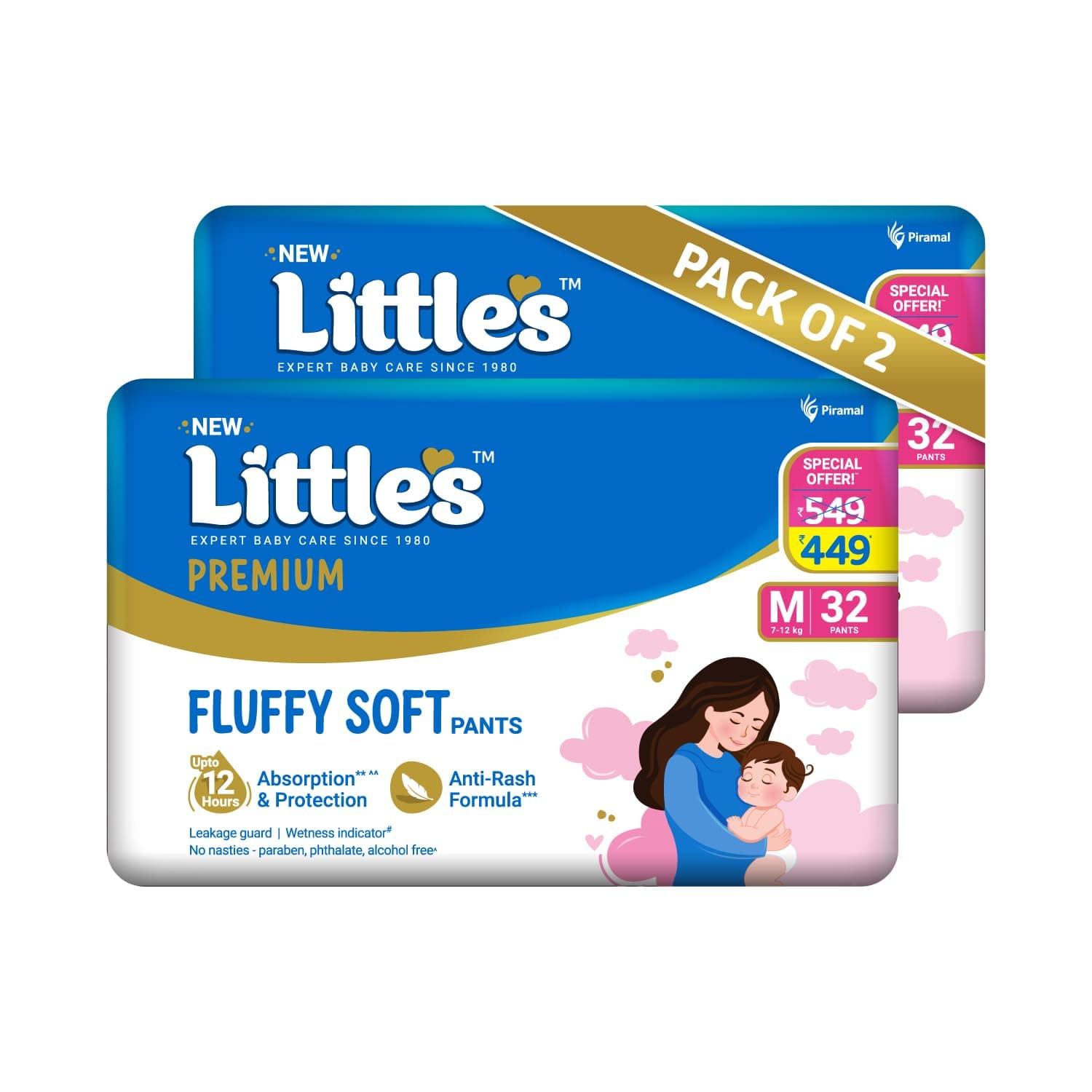 - Little's Premium Baby Diapers M Size (Medium) Pants Style | 7-12 kg | 64 Count | FluffySoft Baby Diaper with Leakage Guard, Wetness Indicator & 12 Hours Absorption | (32 Count, Pack of 2)