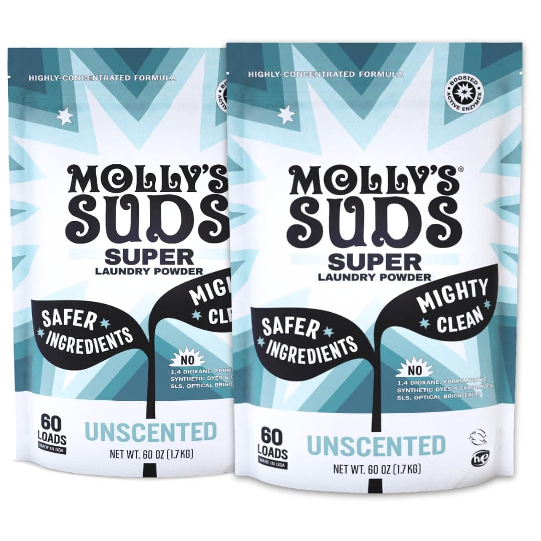 Molly's Suds Unscented Super Powder Detergent | Natural Extra Strength Laundry Soap, Stain Fighting & Safe for Sensitive Skin | Earth Derived Ingredients | 120 Loads Total (2 Pack)