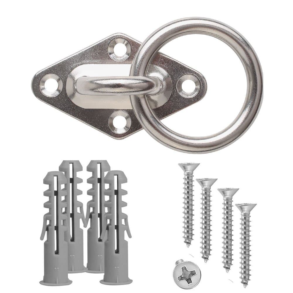 Eye plate with ring, Laukowind mounting hook for wall or ceiling with round ring stainless steel metal, bracket for Sling Trainer hammock, aerial yoga awning (1 bracket with 4 screws and dowels)
