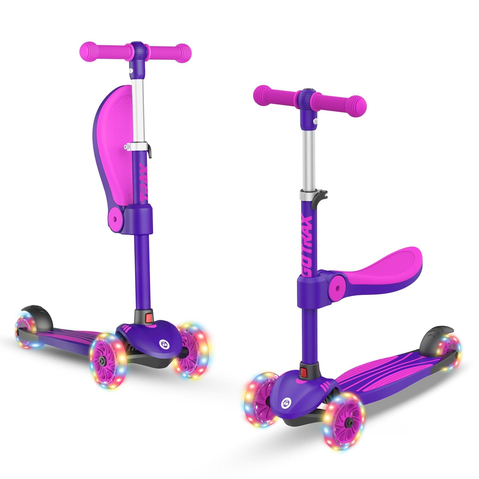 KS2 Kick Scooter for Kids with Removable Seat and Adjustable Height, Foldable Kids Scooters with Light Up 3 Wheels for Girls and Boys Ages 2-8