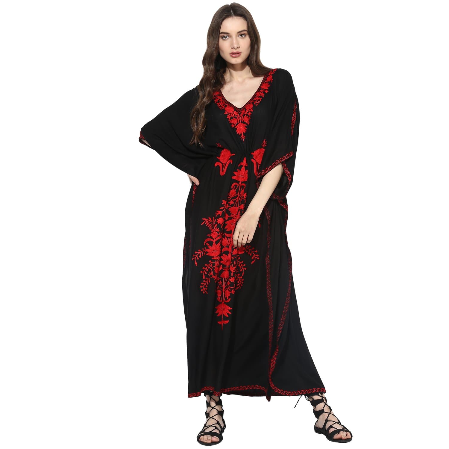 CRAFTBAZARWomen's Boho Embroidered Black Kaftan (Size-XL)
