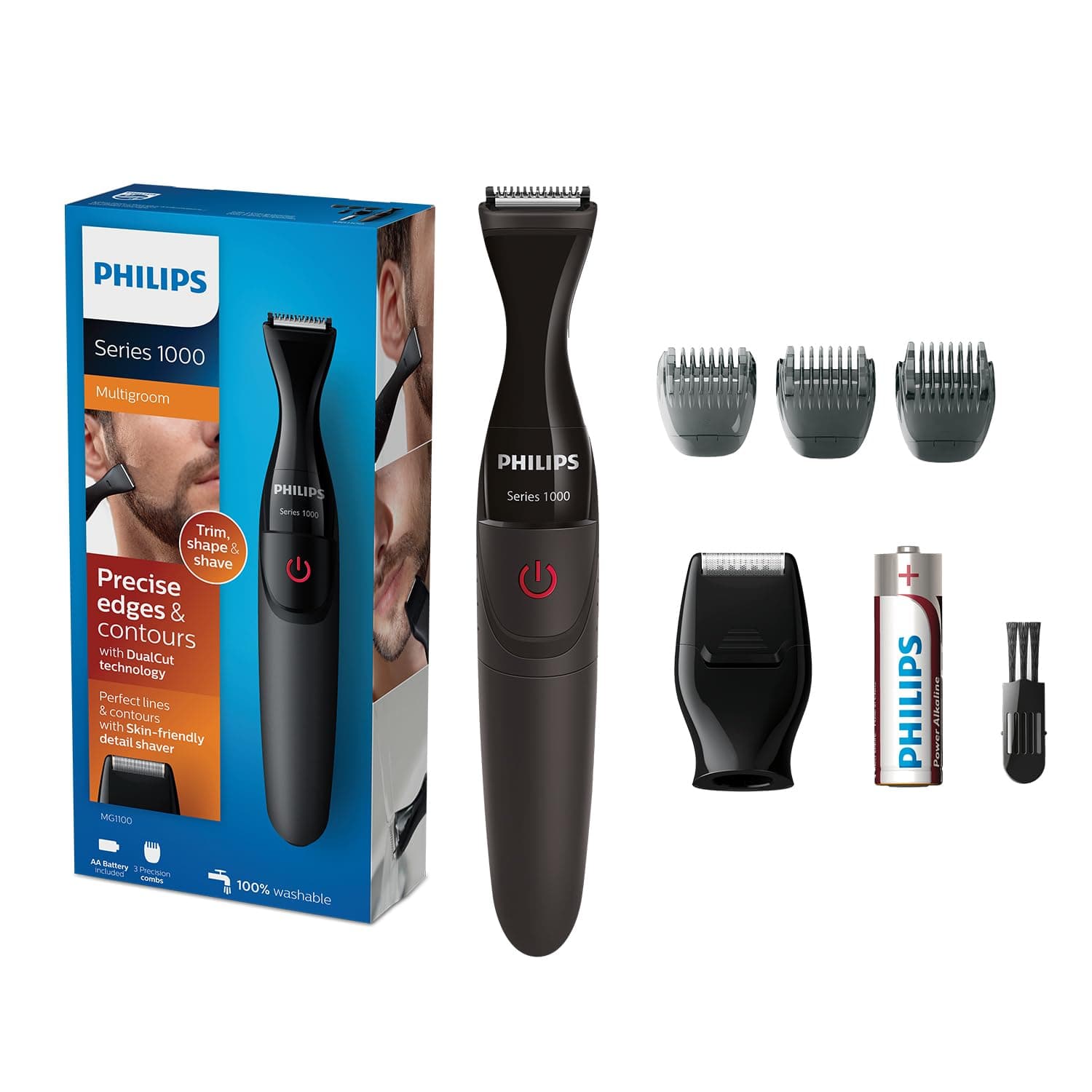 Philips Multigroom MG1100/16 | Ultra-Precise Beard Styler | 3 Precision Combs, Fully Washable | AA Battery Included