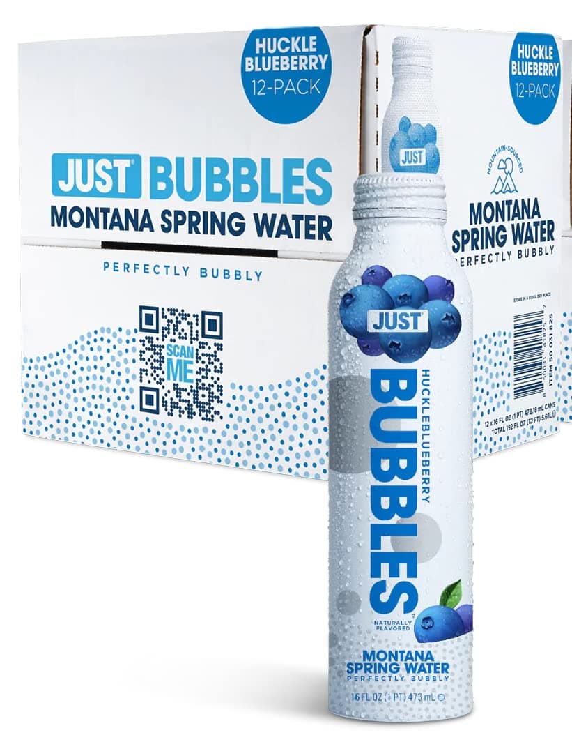 JUST Bubbles Huckleblueberry - Pure Premium Sparkling Spring Water in a Fully Recyclable Reusable Eco-Friendly Bottle - 100% Mountain-Sourced Carbonated Water with Naturally Occurring Minerals, 16 Fl Oz (Pack of 12)
