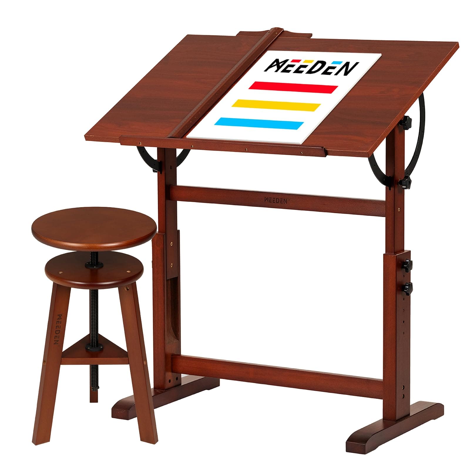 MEEDEN Vintage Wood Drafting Table & Stool Set, Artist Drafting Chair and Craft Table with Adjustable Height, Tiltable Tabletop for Artwork, Graphic Design, Writing