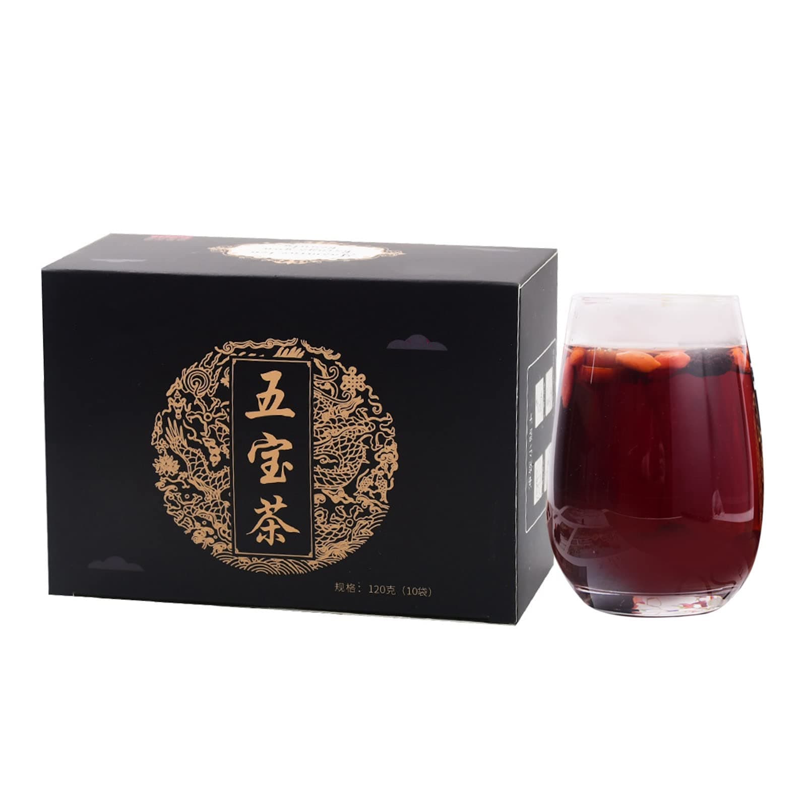 Ginseng Five Treasures Tea, 120g 4.2oz (12g x 10 Bags) Polygonatum Wolfberry Dried Jujube Mulberry Maca Combination Herbal Tea Bags