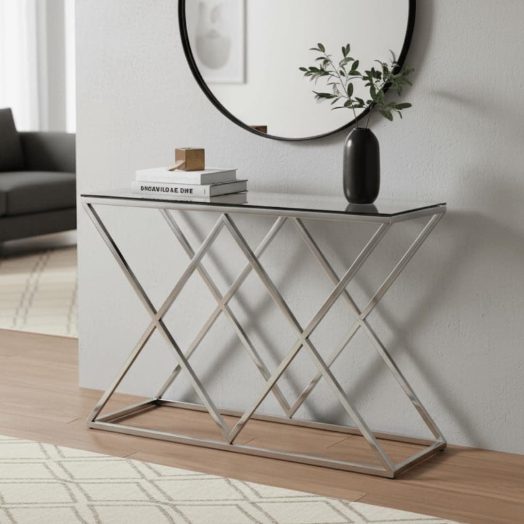 Vanity Living Console Table Modern Tempered Glass Top, Entryway Table Porto Chrome Sturdy Stainless Steel Frame, Narrow Hallway Table for Living Room