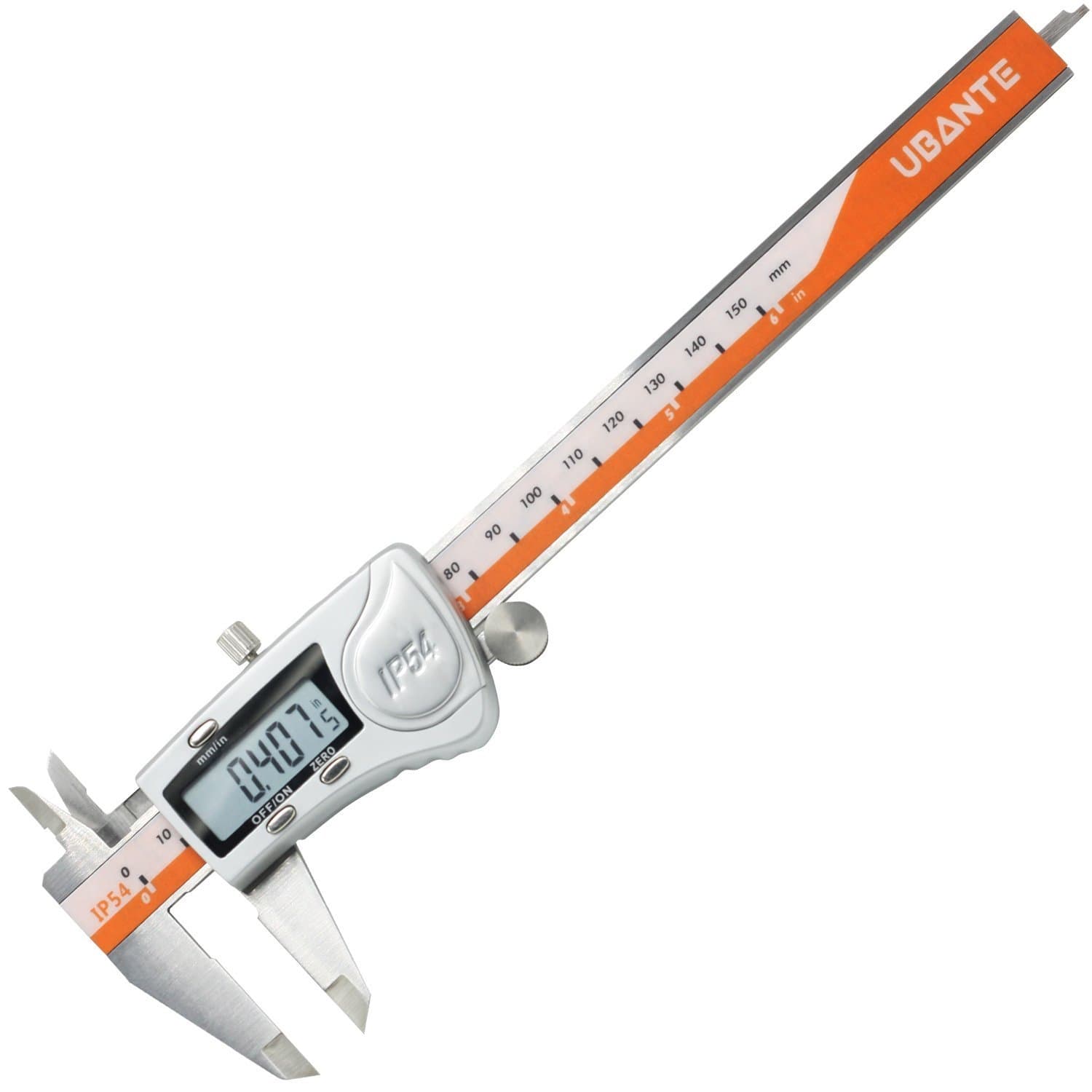 UBANTE IP54 Electronic Digital Caliper Inch/Metric Conversion 0-6 Inch/150 mm Stainless Steel Body Orange/Black Extra Large LCD Screen Auto Off Featured Measuring Tool