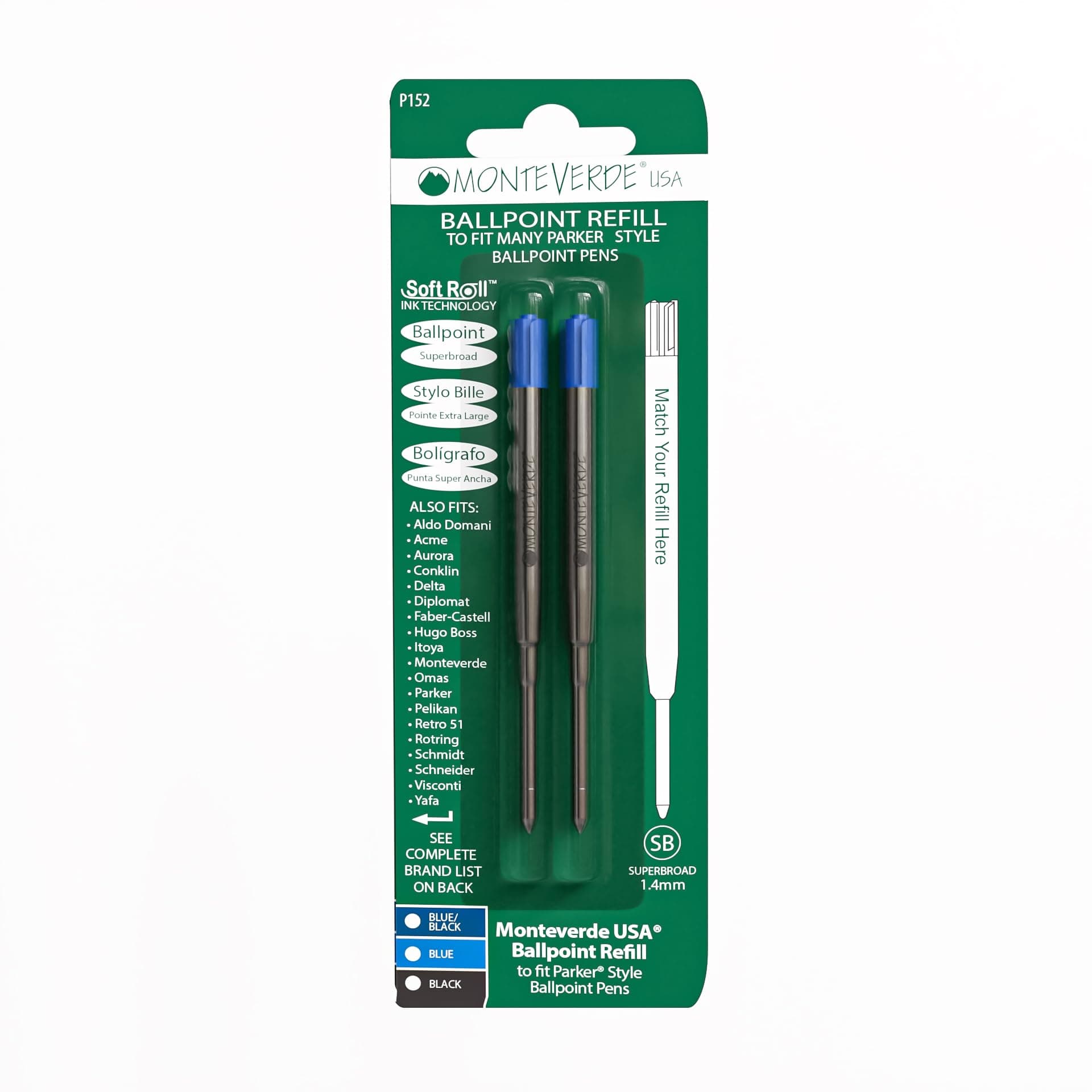 Monteverde Super Broad Point Ballpoint Soft Roll Refill for Parker Ballpoint Pens - Blue (Pack of 2)