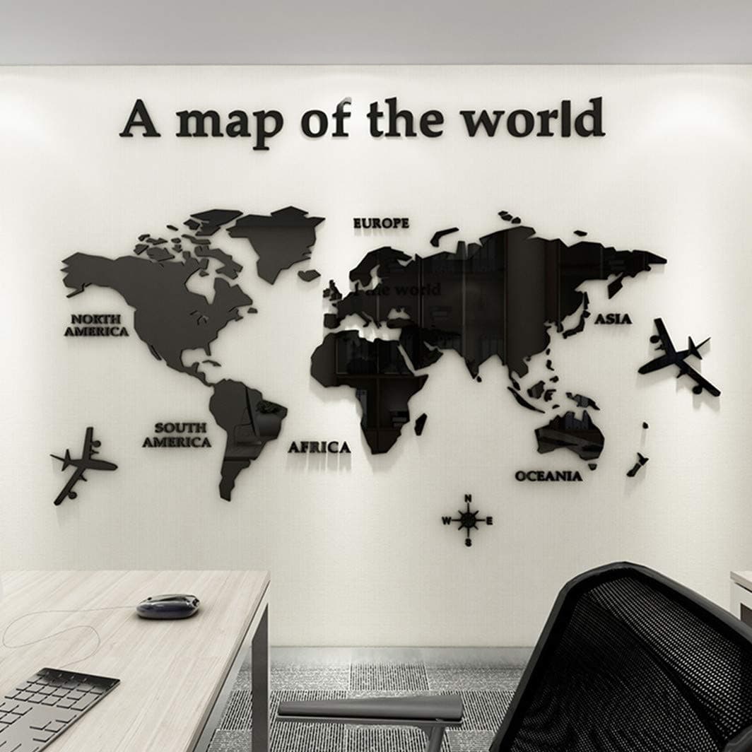 3D Wall Stickers - DIY World Map Wall Decal Sticker Murals Map Wall Décor for Living Room Bedroom TV Background Home Decorations(Black,XL:230x120 cm)