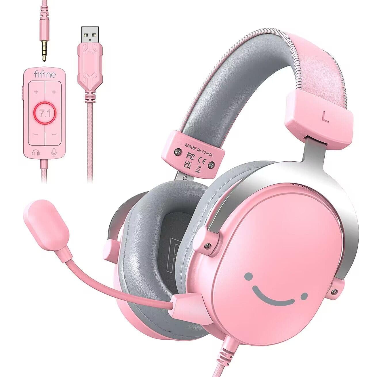 Pink 3.5mm/USB Gaming Headset,PC Over-Ear Gamer Headphone with Microphone for Xbox, Computer, PS4/PS5, Streaming Headset with Detachable Mic,7.1 Surround Sound,Soft Earmuffs-AmpliGame H9 Pink