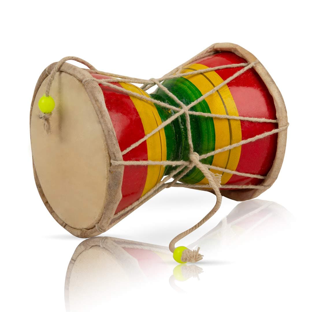 5 Inch Small Handmade Traditional Authentic Wooden & Leather Classical Indian Folk Dumroo Damroo Damaru Hand Drum Percussion Instrument Set, Decorative Collectible Showpiece World Musical Instruments