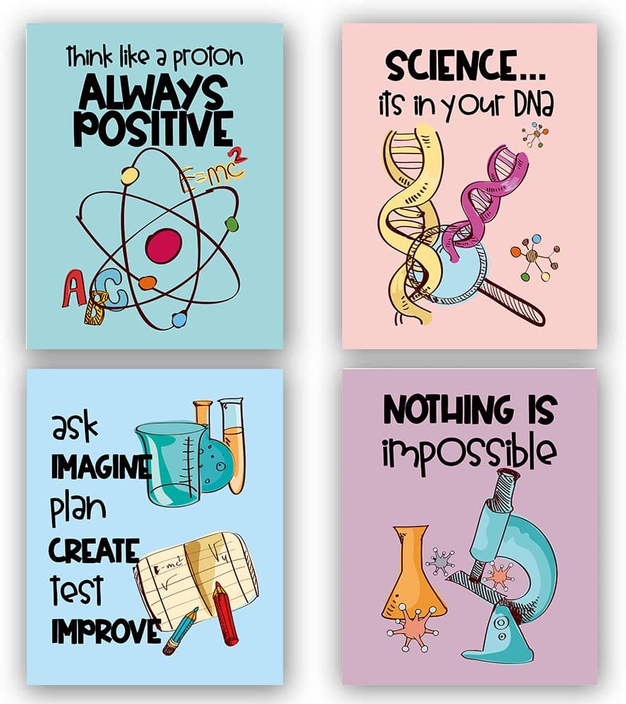 TANXM Science Art Print Set,School Laboratory Decor, Classroom Wall Art,Science Explore Art Posters for Classroom Middle School Laboratory Library Study Decor, Set of 4 - No Frame,8"x10"