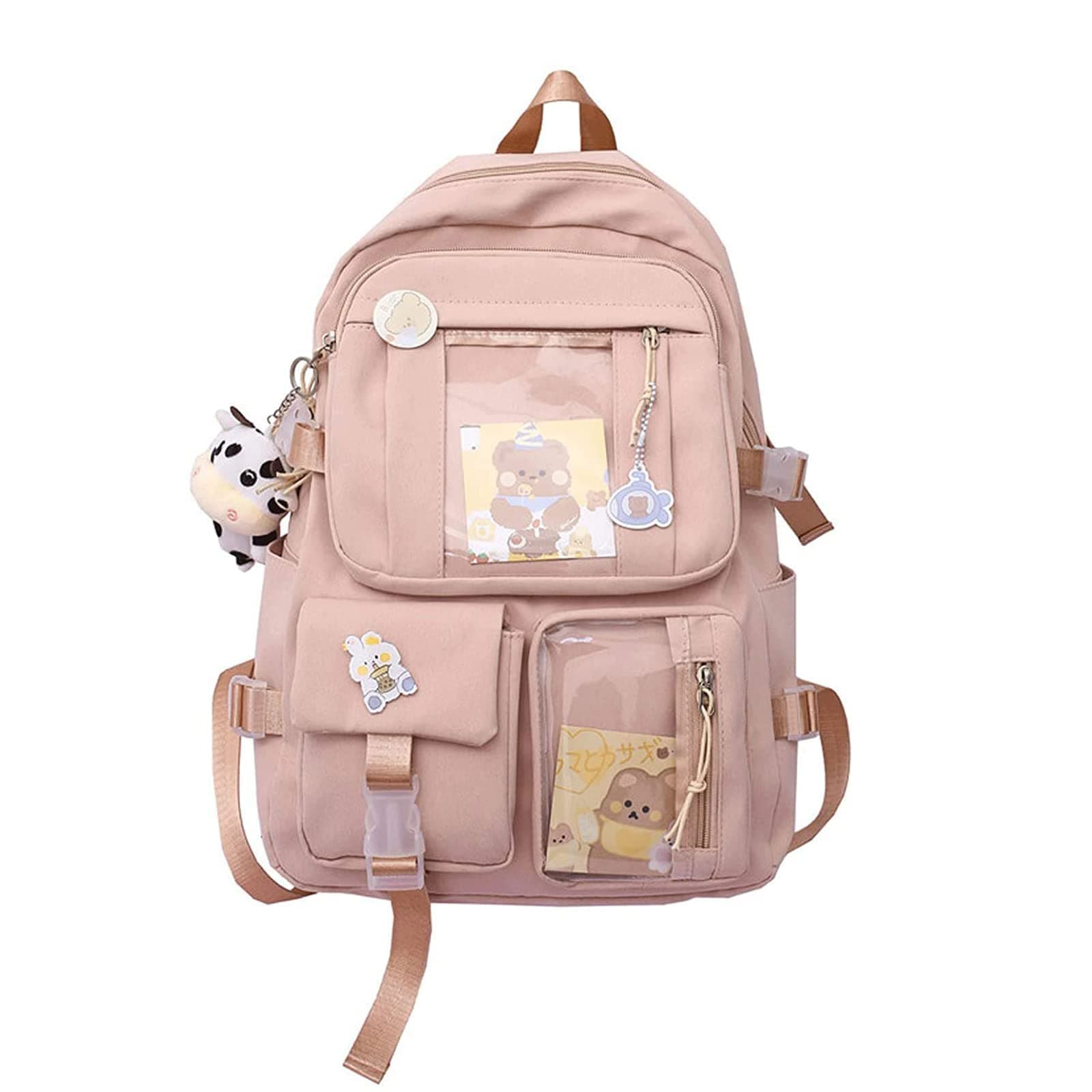 Cute Backpack with Cute Pin Accessories Plush Pendant for School Bag Student Girl Backpack Super-Capacity Waterproof Travel Backpack(Pink-2)