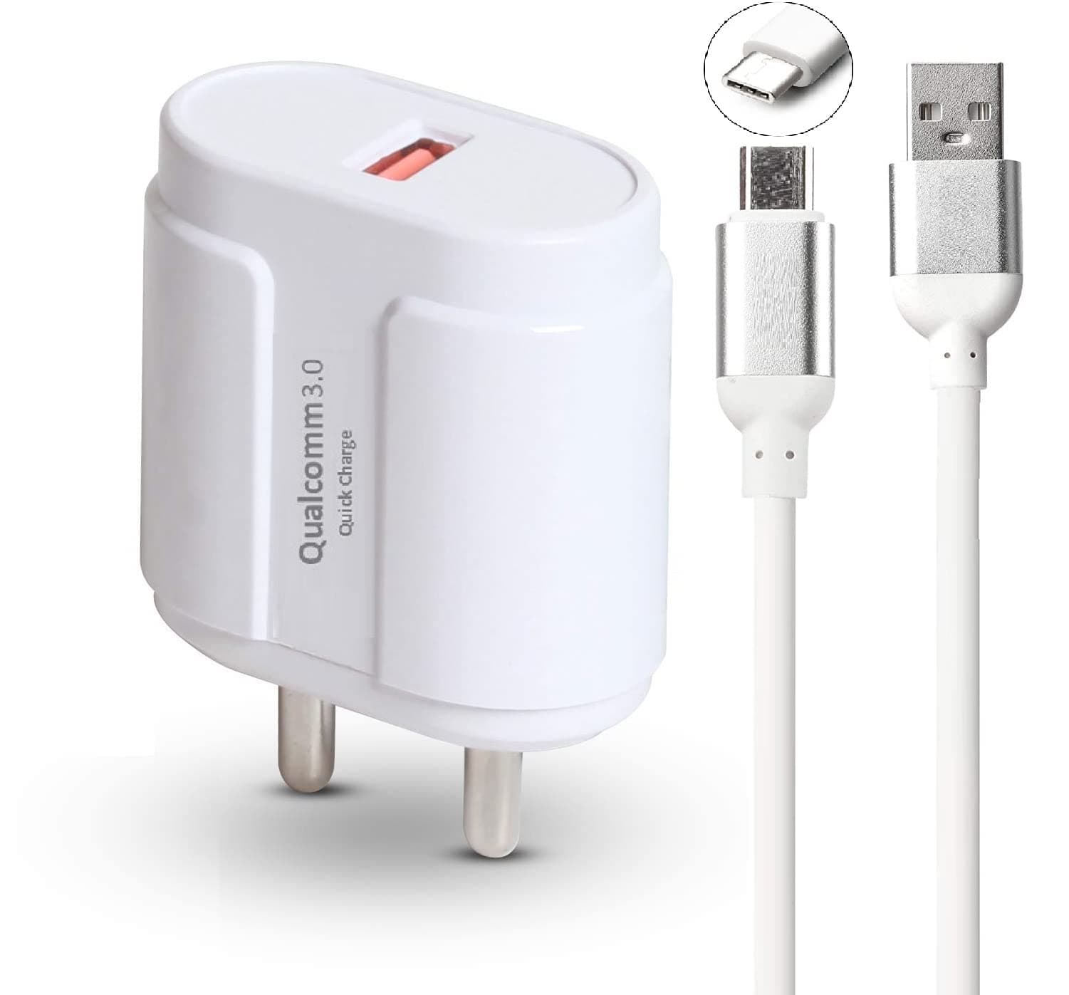 Cablebasket 18w Fast Charger Type C for Samsung M30 Galaxy A50 M11 M20 M30s M31s M41 M51 M10s Mi 8 Qualcomm Quick Charge 3.0 with Type C Cable (White)