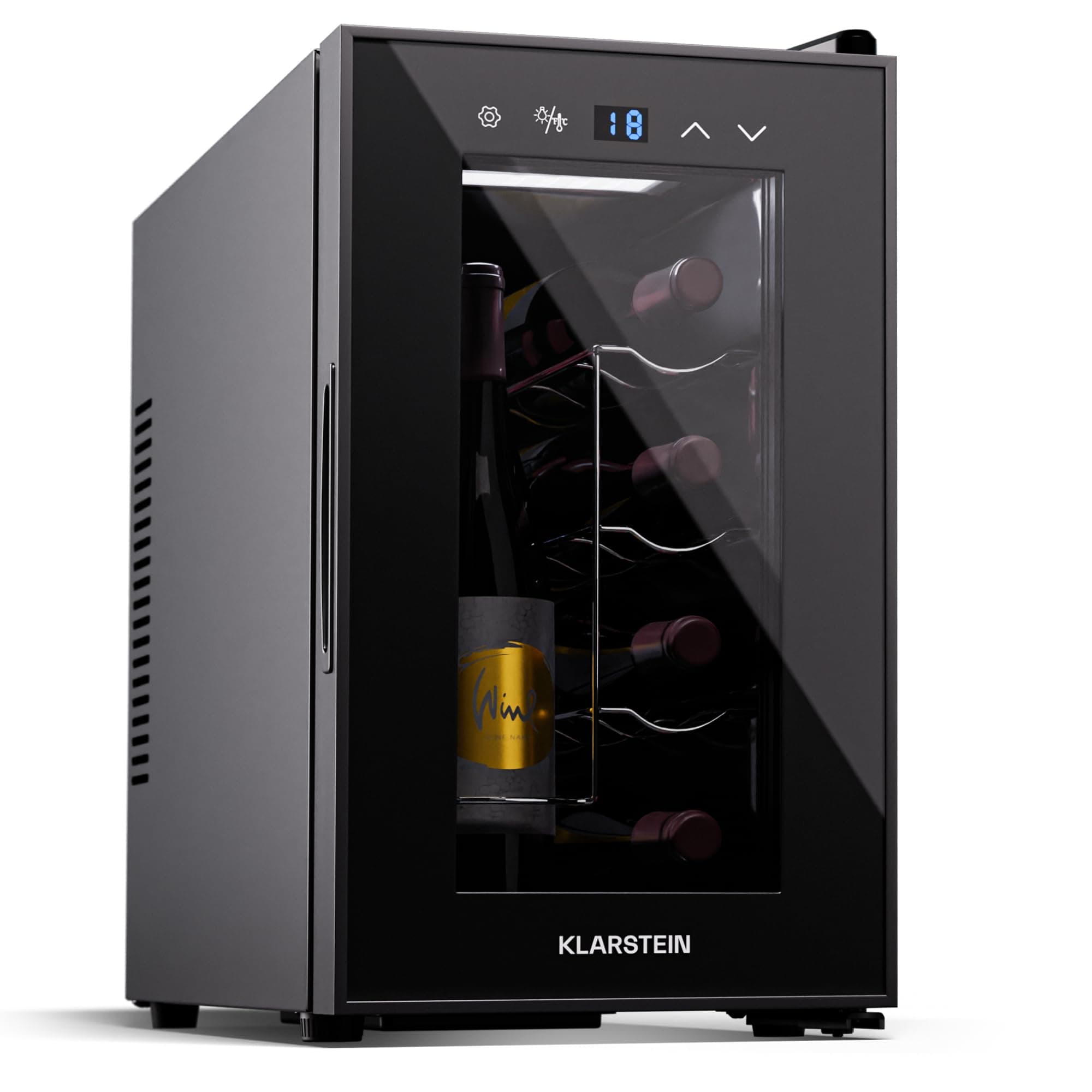 Klarstein Single Zone Refrigerated Wine Cellar, Fridge Bar, Glass Door, Mini Silent Refrigerator, 5-18°C, 8 Bottles