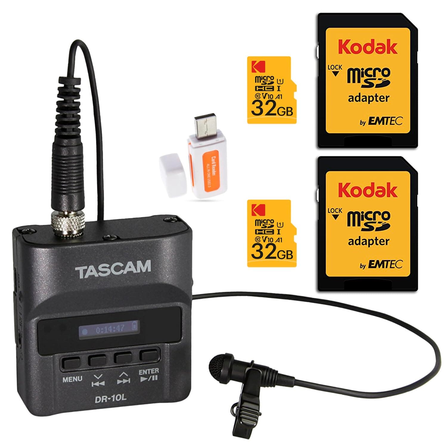 TascamDR-10L Digital Audio Recorder and Lavalier Mic Bundle with 32GB SD Cards (2-Pack) and USB 2.0 Card Reader (4 Items)