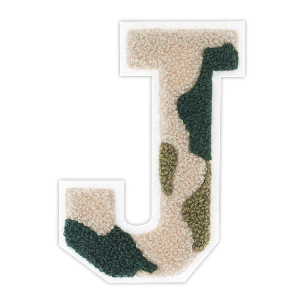 M&J Trimming Iron On Letters - Varsity Chenille A-Z Patches - Iron Adhesive or Sew On Appliques - Decorative 4.5" Camouflage Letters with White Border