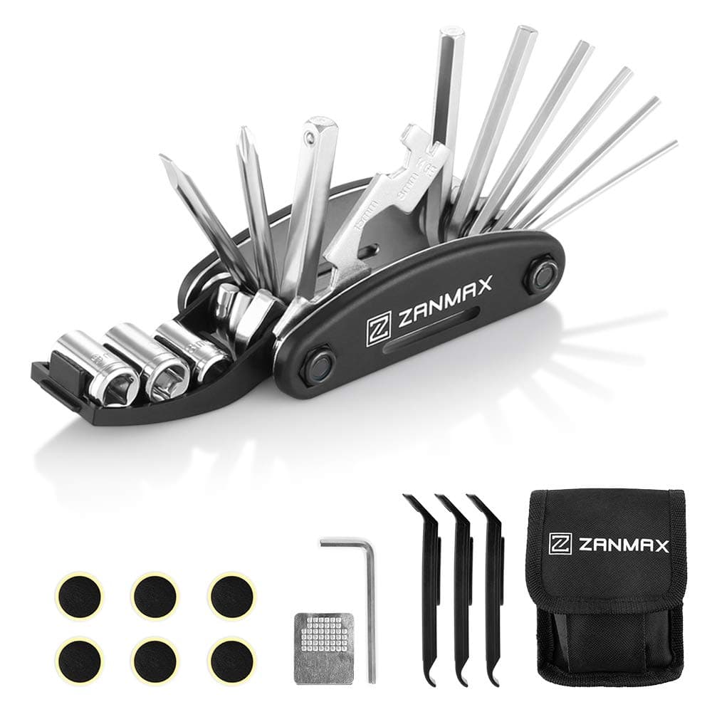 Zanmax Bicycle Repair Set, Bicycle Multi-Tool 16-in-1 Bicycle Tool Set, Tyre Lever, Self-Adhesive Bicycle Patch, Allen Keys etc. (Black)