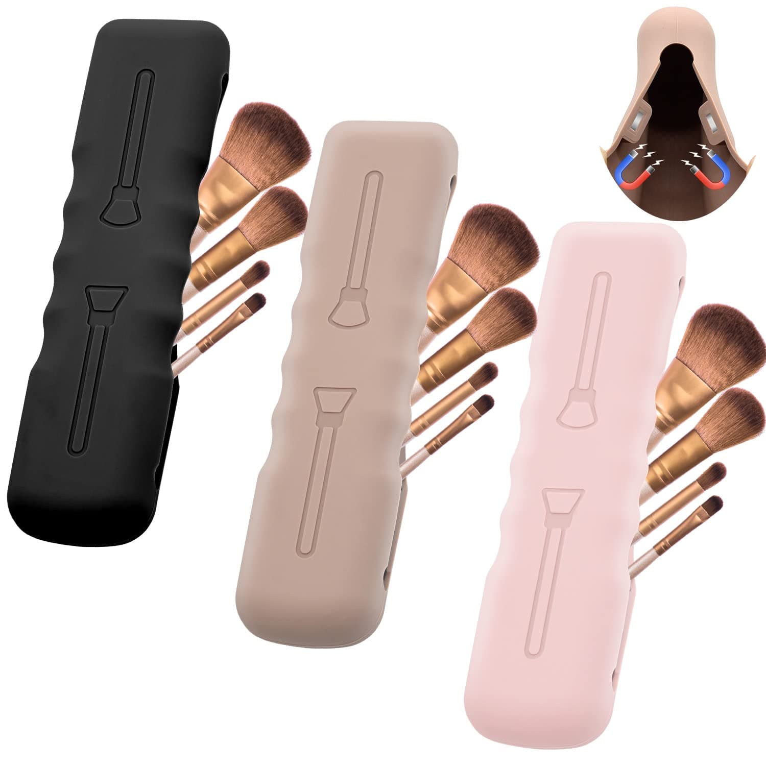 3Pack Travel Silicone Makeup Brush Case Bag Soft Cute Portable Cosmetic Brushes Holders,Waterproof Makeup Brushes Organizer for Traveling with Magnetic Closure-Black,Pink,Khaki