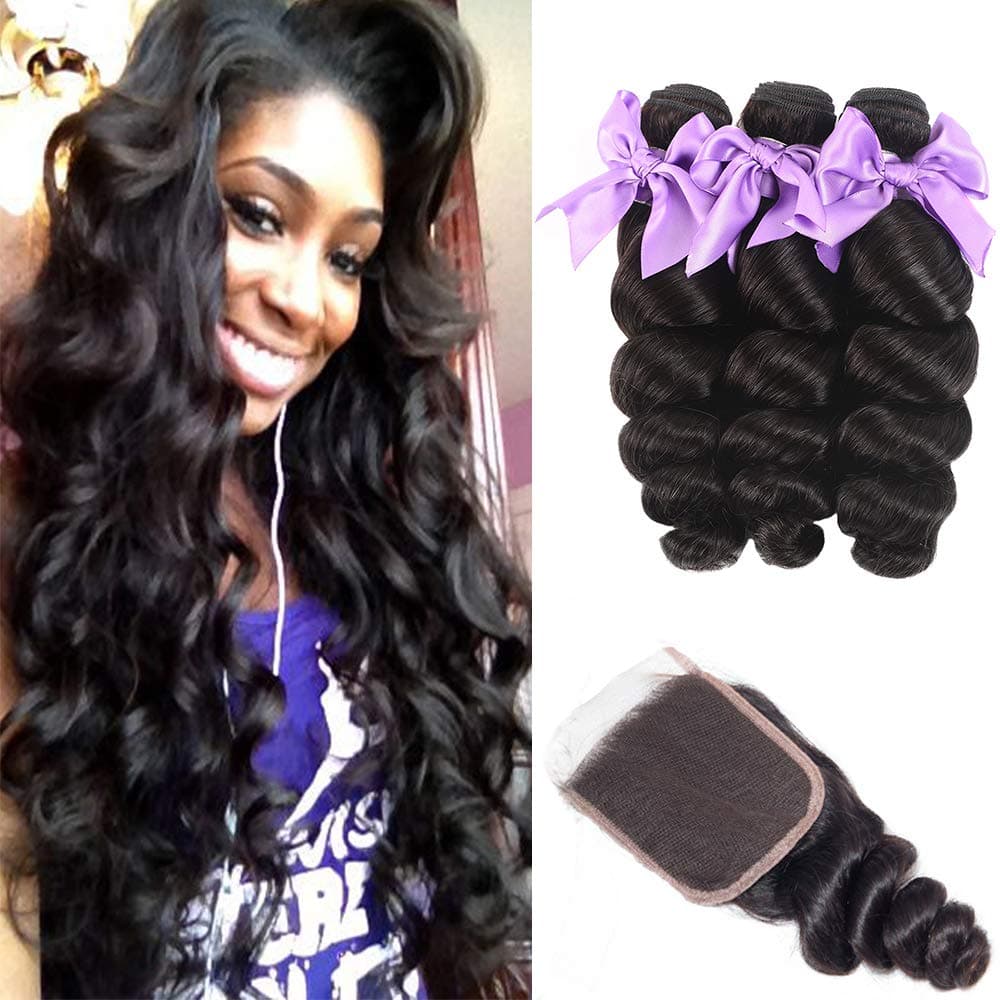 Brazilian 8A Loose Deep Wave 3 Bundles with Closure Virgin Human Hair Bundles with 4x4 Free Part Closure Unprocessed Virgin Human Hair Natural Black(18 20 22+16)