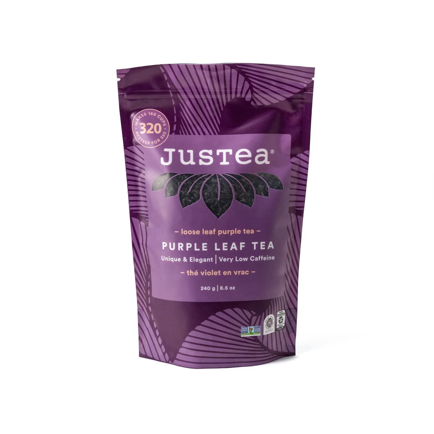 JusTea PURPLE LEAF TEA | Loose Leaf Purple Tea | Recyclable Refill Pouch | 160+ Cups (8.5oz) | Low Caffeine | Award-Winning | Fair Trade | Non-GMO