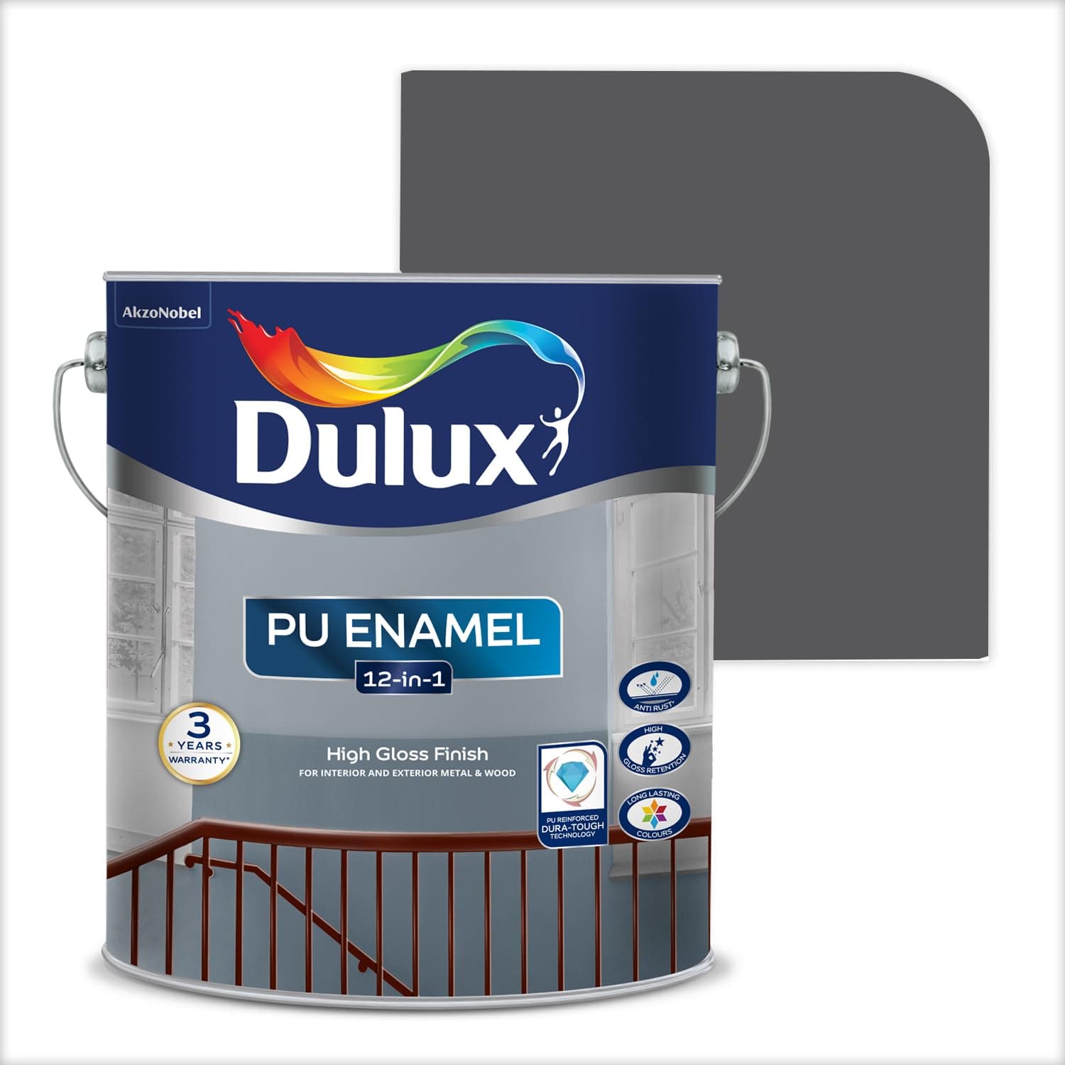 PU Enamel Smoke Grey 1 Litre High Gloss Finish Paint for Interior Exterior Metal & Wood Surfaces with Fast Drying Anti-Rust & Complete Coverage