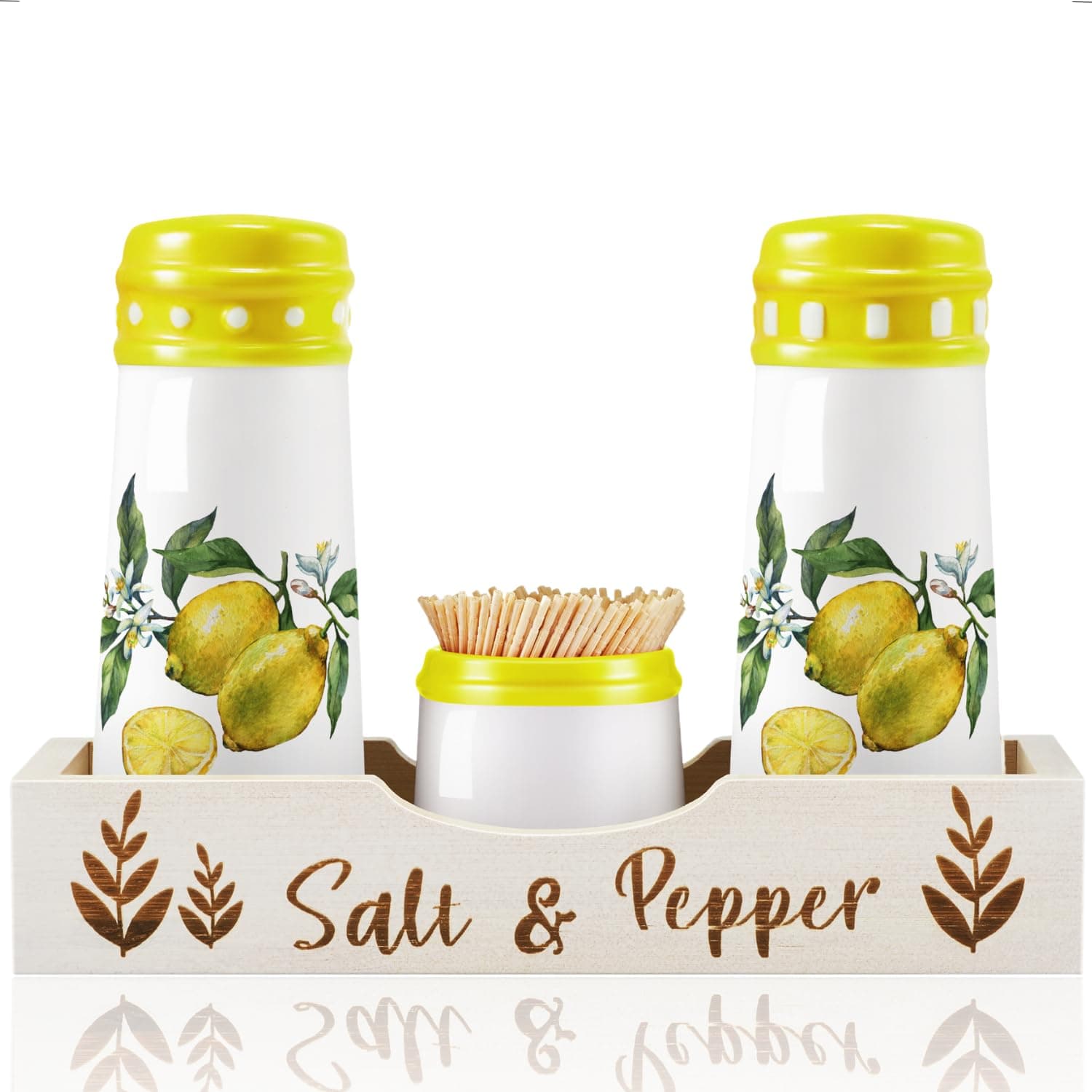 Lemon Salt and Pepper Shakers with Holder - Lemon Kitchen Decor, Farmhouse Salt Pepper Shaker Set w/Toothpick Jar, Lemon Decorations for Kitchen Counter Dining Table, Unique Lemon Collectable Gifts