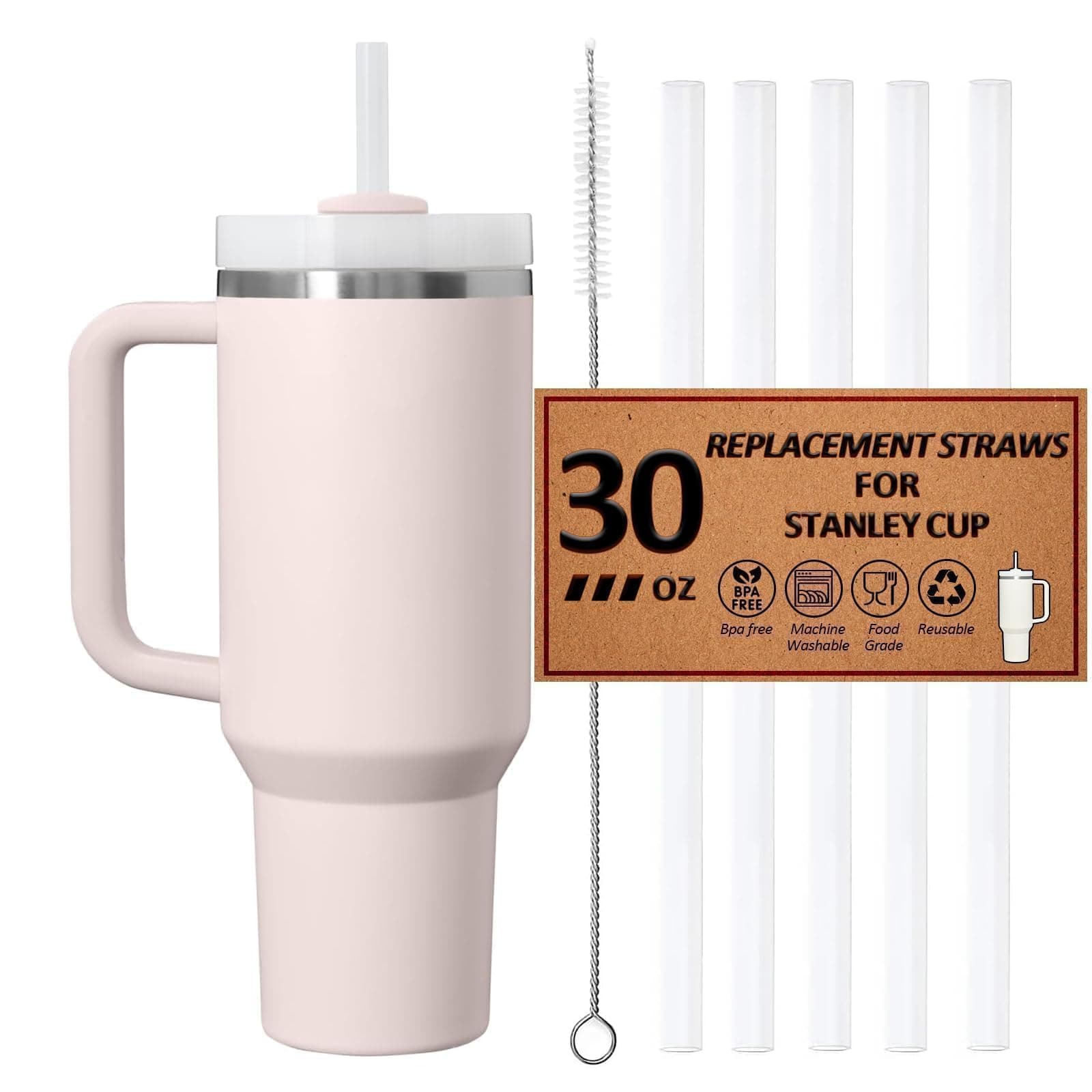 Reusable Straws for Stanley Cup 14/20oz | 30oz | 40oz, Replacement Long Straw with 1 Brush for Stanley Cup Accessories,Food Grade & BPA Free, Machine washable(5 pack,30oz, Transparent White)
