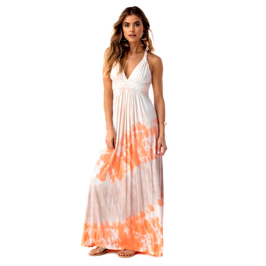 Sky Collection Qmar Orange Mango & White Tie Dye Sleeveless Halter Maxi Long