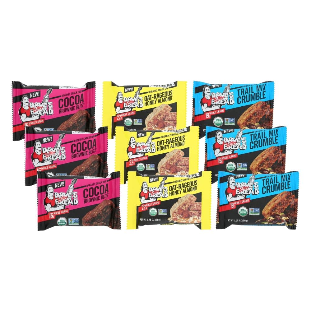 Dave's Killer BreadOrganic Snack Bars Variety Pack 9 CT (3 Cocoa Brownie Blitz, 3 Trail Mix Crumble, 3 Oat-Rageous Honey Almond) Variety PackUSDA Organic