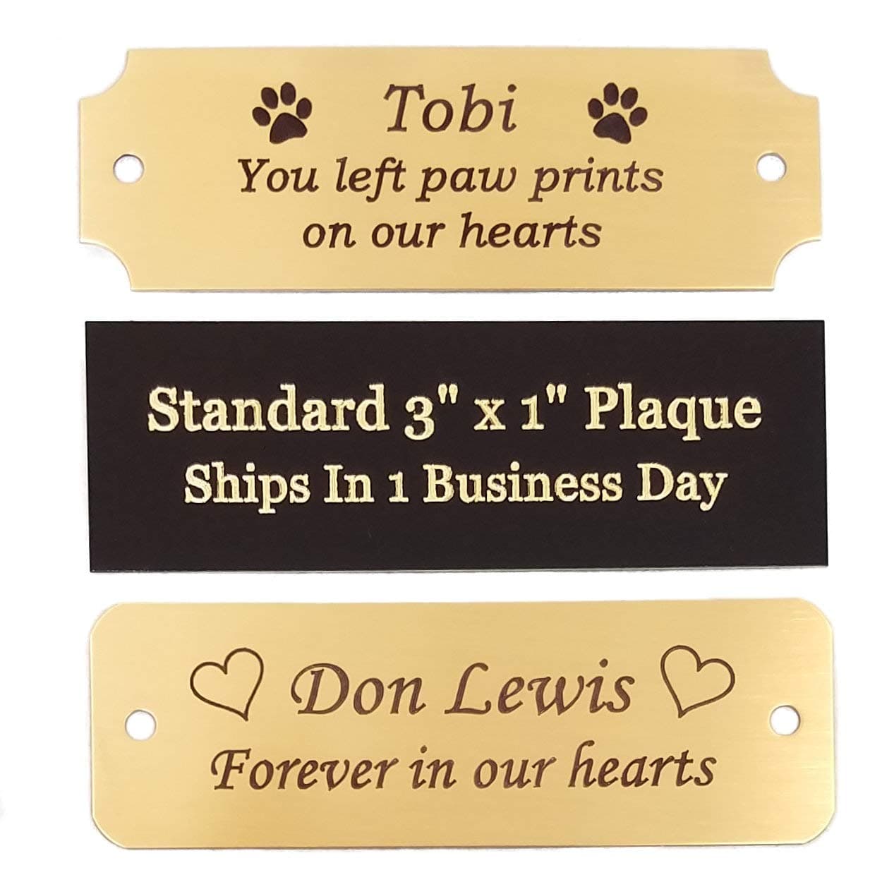 3" W x 1" H | Made In USA | Personalized Brass Name Plates | Custom Engraved Plaque for Trophy Award, Frame, Art Tag Label, Pet Urn Memorial, Military Flag Case, Shadow Box | Adhesive or Screws (Gold)
