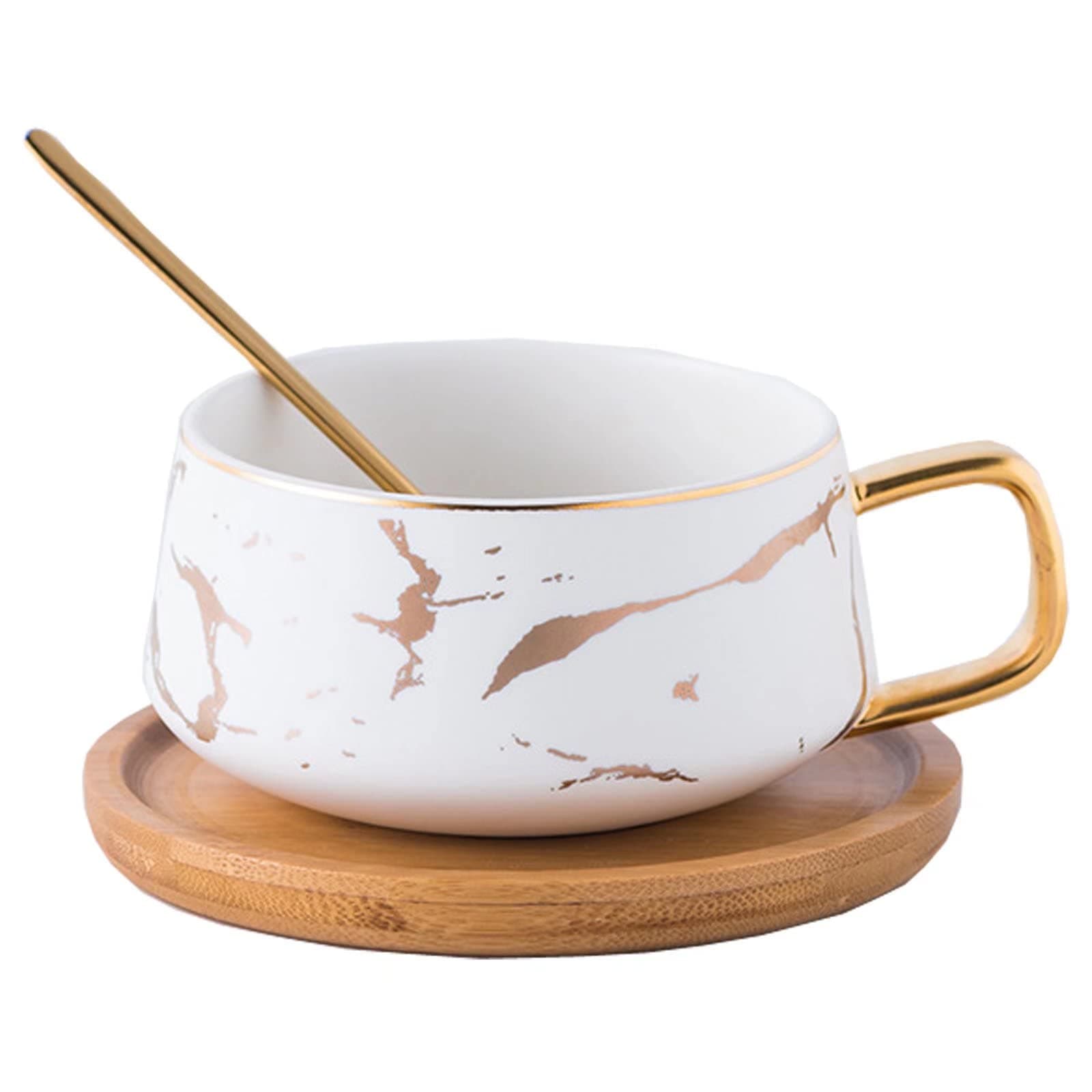 Luxury Golden Marble 10 Oz Matte Ceramic Latte Coffee Tea Cups with Wood Saucers (White, Cup & Saucer)
