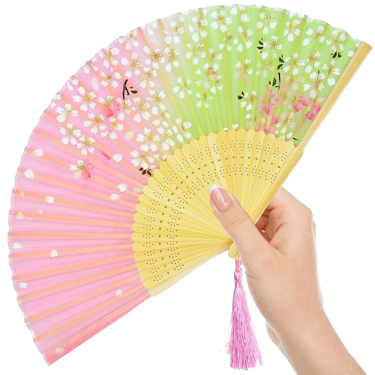 Lysa Women Hand Held Silk Folding Fan with Bamboo Frame-Silk Tissue Protective Sleeve - Chinese/Japanese Style of “Sakura Butterfly Love” Pattern (WZS-45)