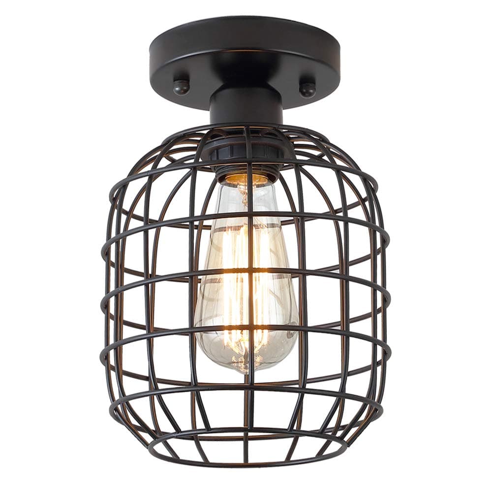 KOONTING Industrial Semi Flush Mount Ceiling Light, Metal Cage Pendant Lighting Lamp Fixture for Hallway Stairway Porch Bedroom Kitchen, Use 1 E26 Bulb, Black.