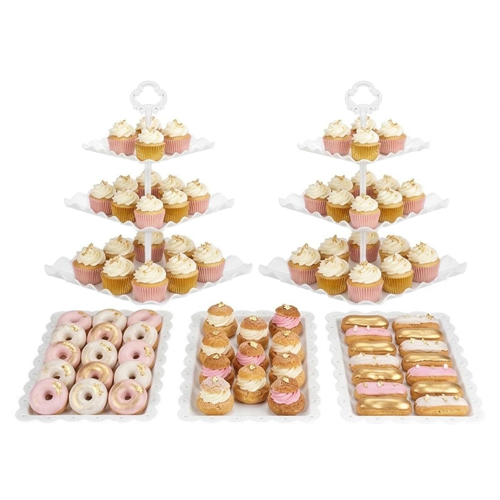 NWK 5 Piece Cake Stand Set with 2x 3-Tier Cupcake Stands + 3X Appetizer Trays Perfect for Wedding Birthday Baby Shower Thanksgiving Christmas New Year Party