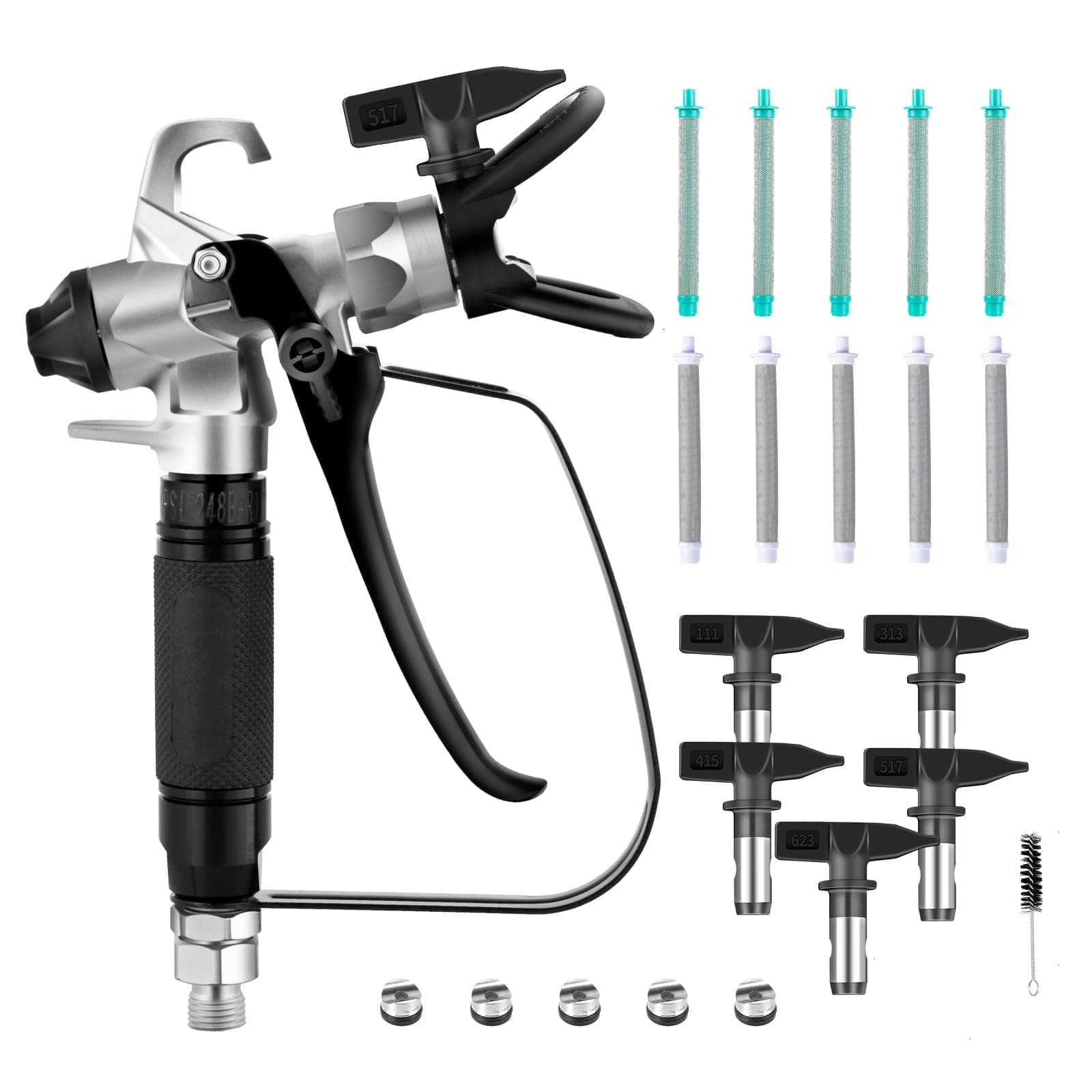 16 Pcs Airless Paint Sprayer Gun with Nozzle Guard,5 Spray Tips,10 Filters,3300PSI High Pressure Swivel Joint for House Interior and Exterior,Garden,Fences(211,313,415,517,623)