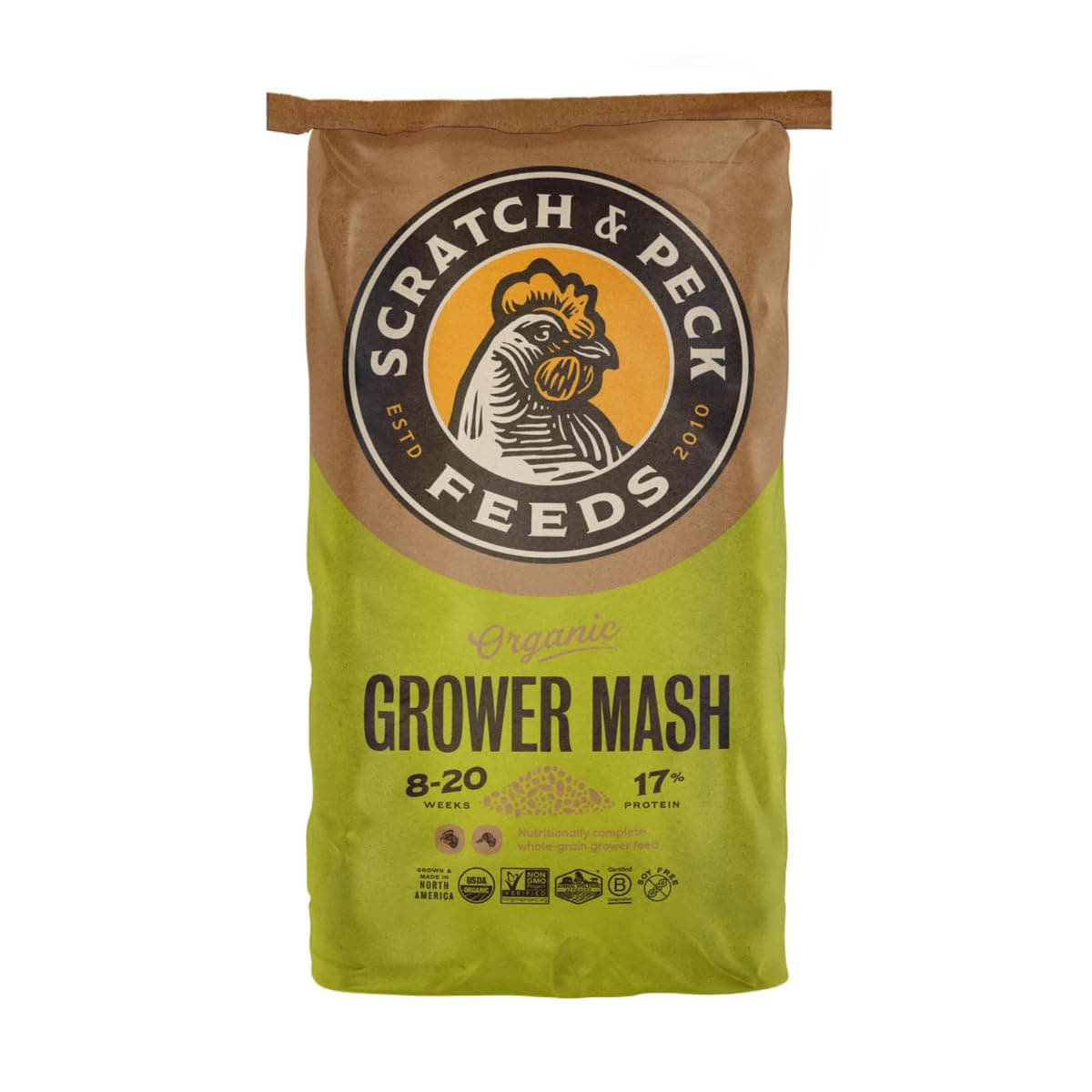 Whole Grain Grower Mash Chicken and Duck Feed - 40 lbs Bag - Corn-Free and Soy-Free - 17% Protein, Certified Organic and Non-GMO Project Verified Chicken Food