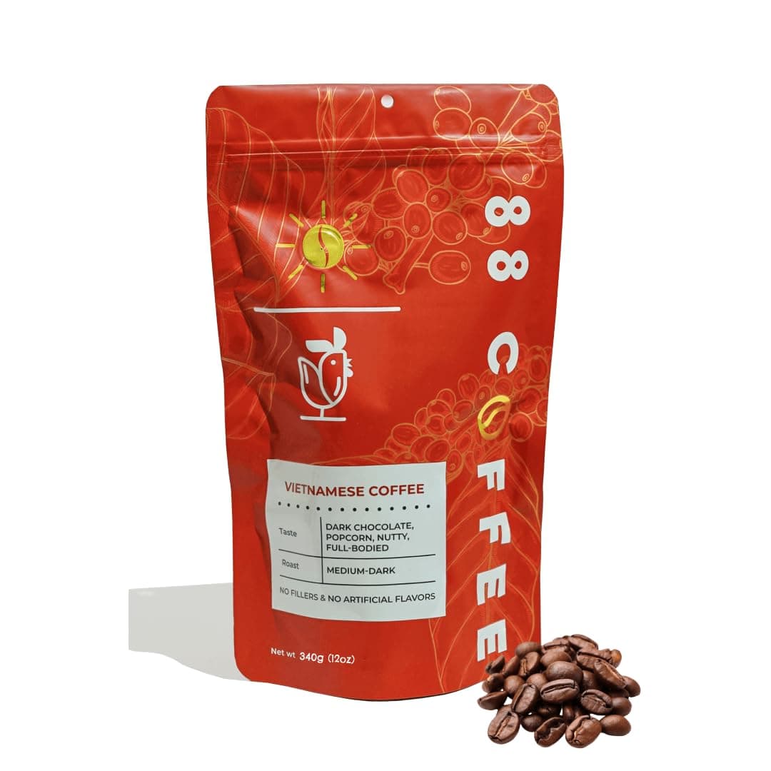 88 COFFEE COMPANY - 100% Vietnamese Coffee 12oz bag – Medium Dark Roast,100% Robusta – Authentic Vietnam Coffee for Phin, Espresso, Drip & Iced Café Sữa Đá – Bold, Smooth, Low Acidity (Whole Bean (12 Ounce), Medium-Dark Roast)