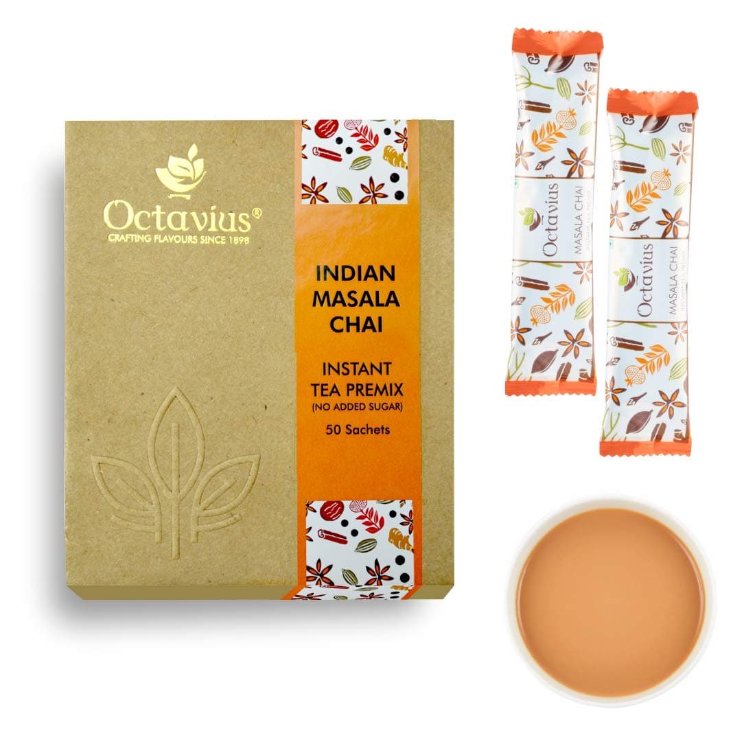 Octavius Indian Masala Ready Tea (No Added Sugar) - 50 Single Serve Sachet - Economy Pack, 400 g
